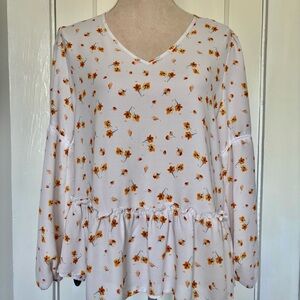Pleione Cream/Off White Blouse Orange Floral Design Long Sleeve Top Size Medium